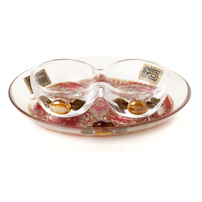 Glass Shabbat Candlesticks with Red and Gold Floral Pattern and Plaques