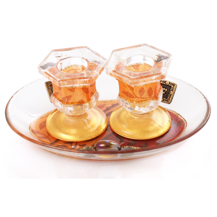 Glass Shabbat Candlesticks with Fall Leaves and Plaques