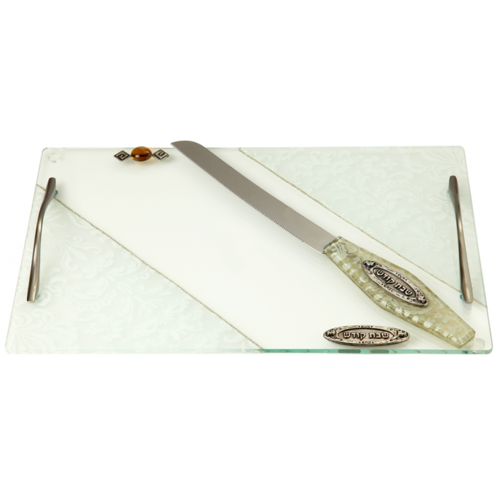 Glass Challah Board with Nickel Handles, White Floral Pattern and Plaque
