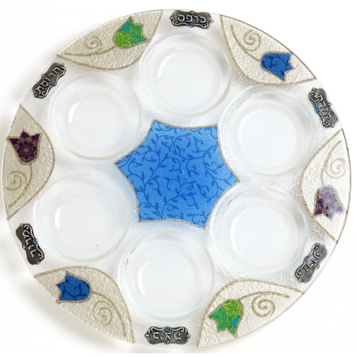 Glass Seder Plate with Flowers, Star of David and Metal Plaques
