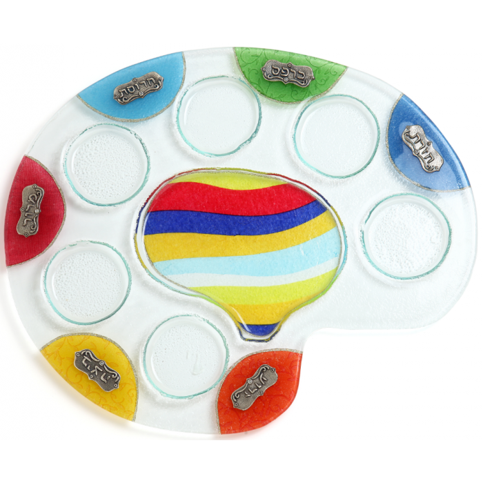 Glass Palette Seder Plate with Monotone Stripes and Plaques