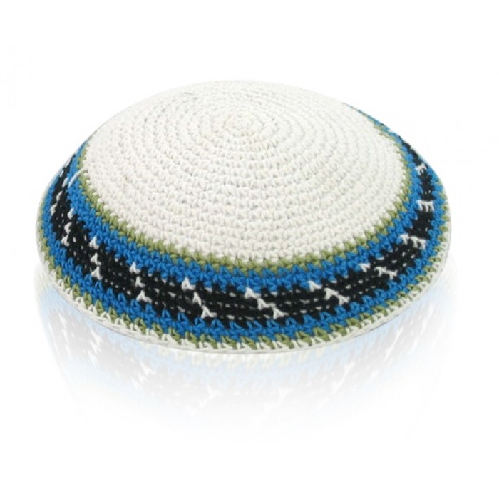 White Knitted Kippah with Green, Blue and Black Stripes