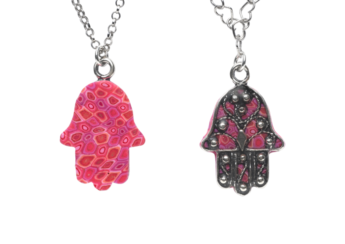 Hamsa Necklace with Metal Beads in Pink
