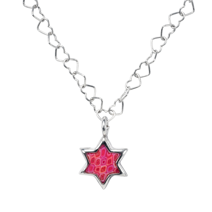 Pink Star of David Pendant with Heart Chain Necklace