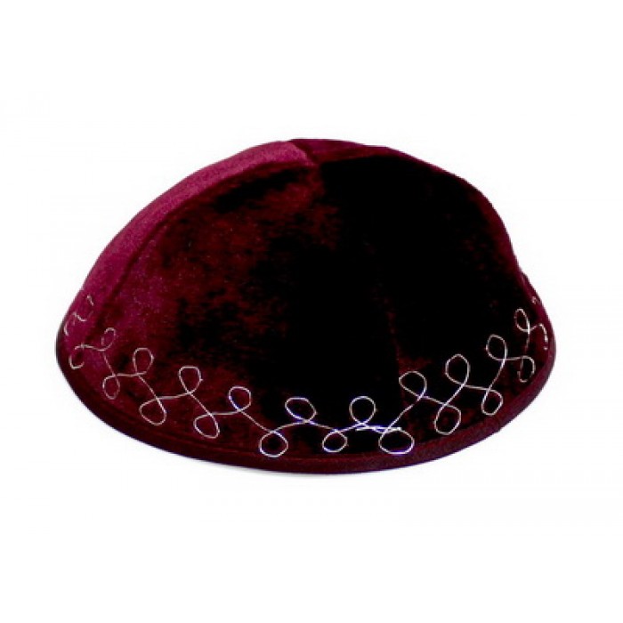 Bordeaux Velvet Kippah with Silver Loops and Four Sections