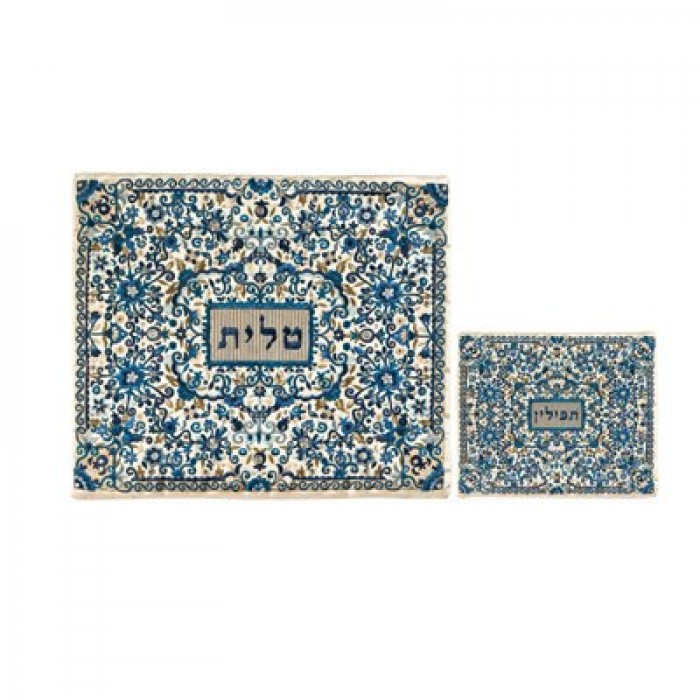 Yair Emanuel Embroidered Tallit and Tefillin Bag Set with Blue Flowers