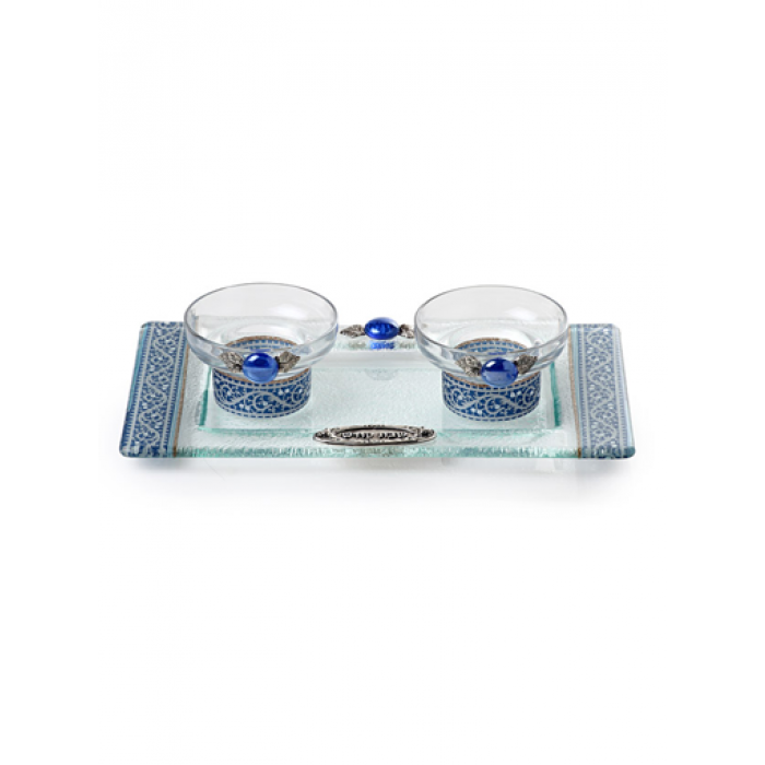 Glass Shabbat Tea Lights Set with Blue and White Motif