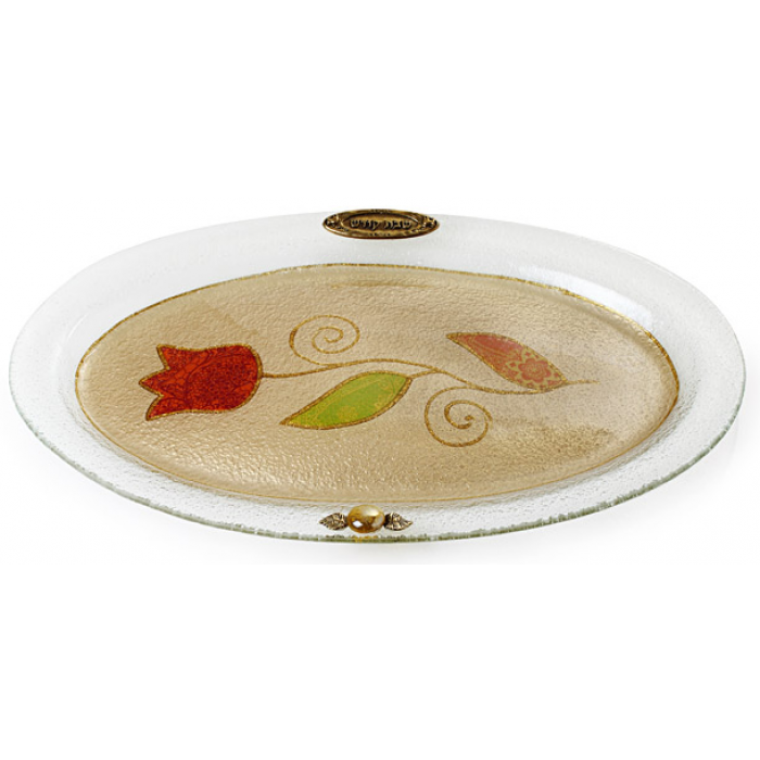 Glass Oval Challah Board for Shabbat with Bright Flower Design