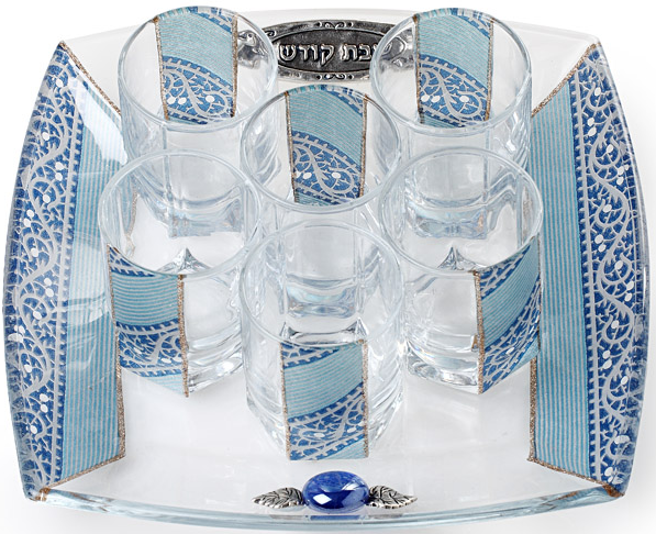 Glass Kiddush Cup Set with Blue and White Décor
