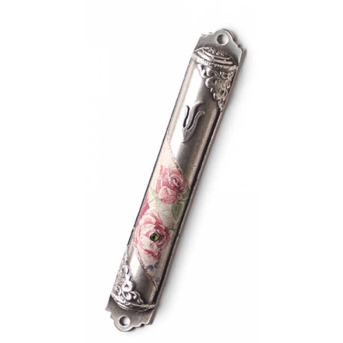 Pewter Mezuzah with Rose Print