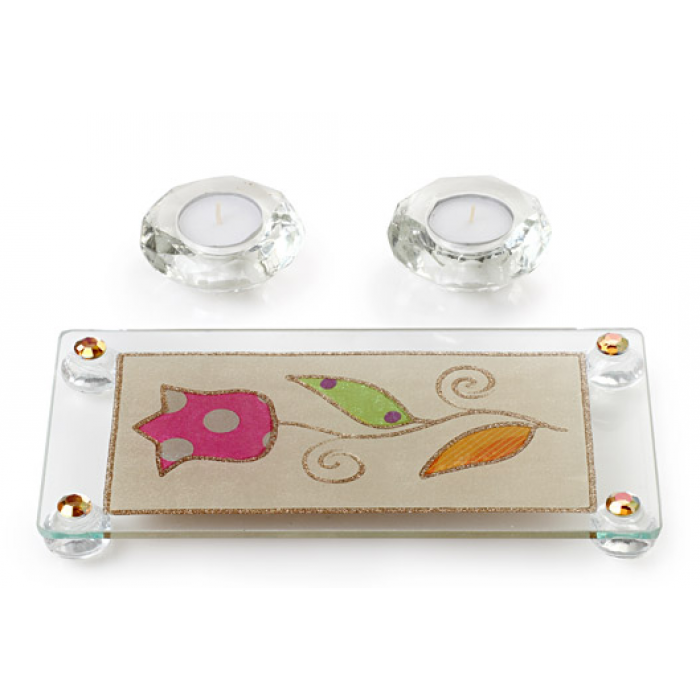 Glass Shabbat Candles Set with Tray and Tulip Motif