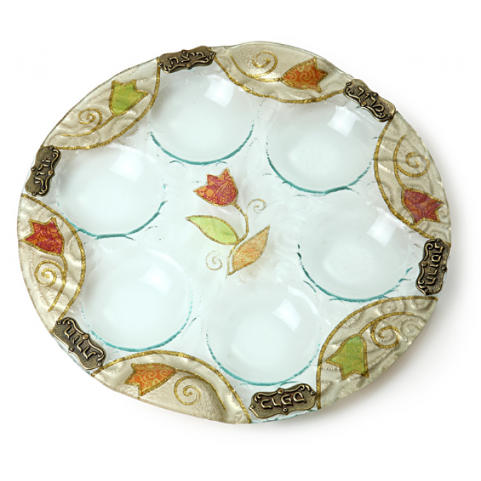 Glass Passover Seder Plate with Colourful Flower Design
