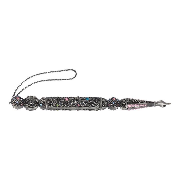 Pewter Finished Torah Pointer with Scrollwork and Small Colourful Stones