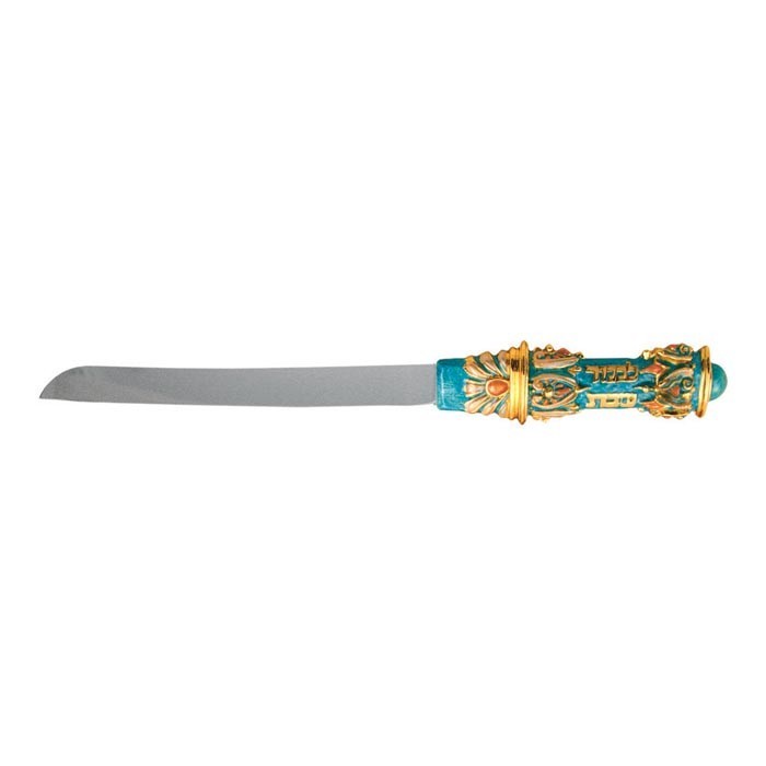 Challah Knife with Lichvod Shabbat in Turquoise and Gold