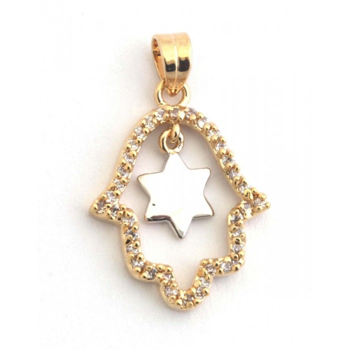 Gold and Rhodium Plated Hamsa with Zircons and Star of David