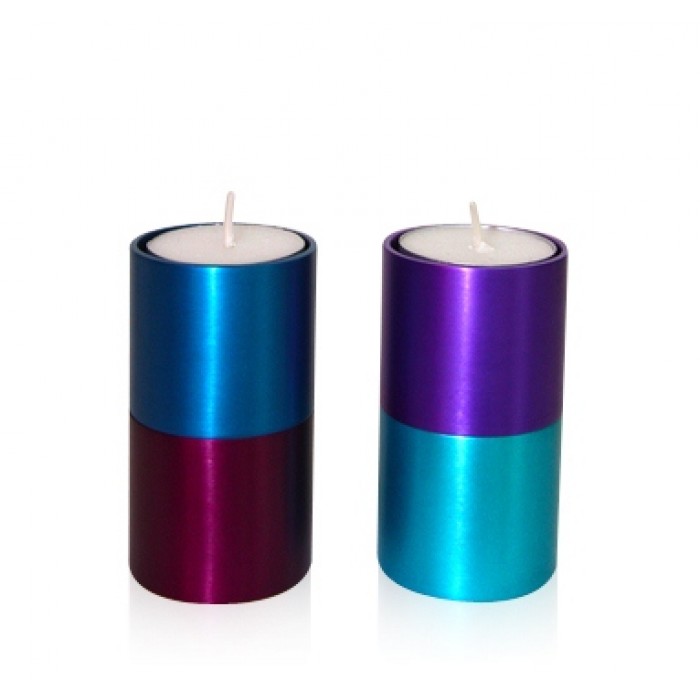 Aluminum Shabbat Candlesticks with Blue, Red and Purple Segments