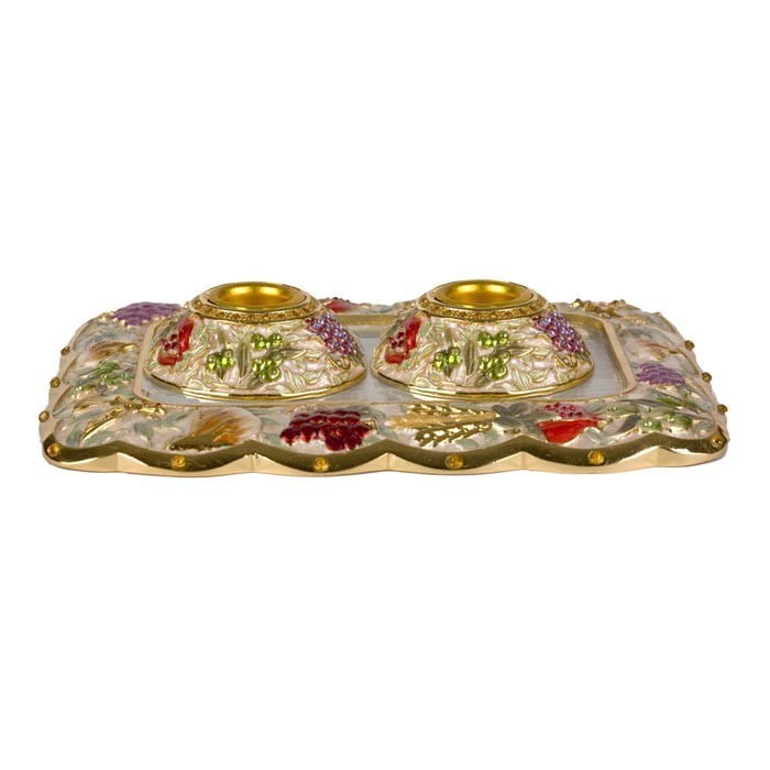 Gold-plated Shabbat Candlesticks and Tray with Ivory Enamel and Seven Species