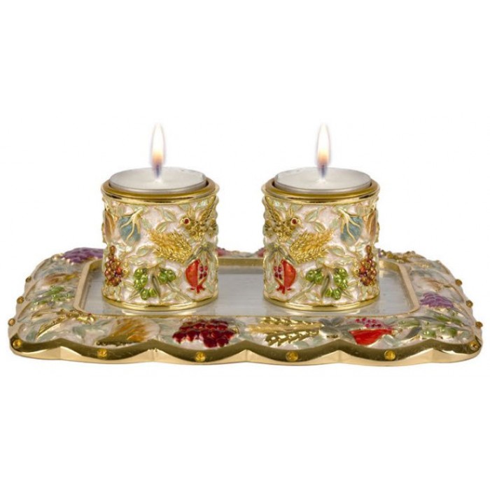 Short Gold-plated, Ivory Enamel and Seven Species Shabbat Candlesticks with Tray 