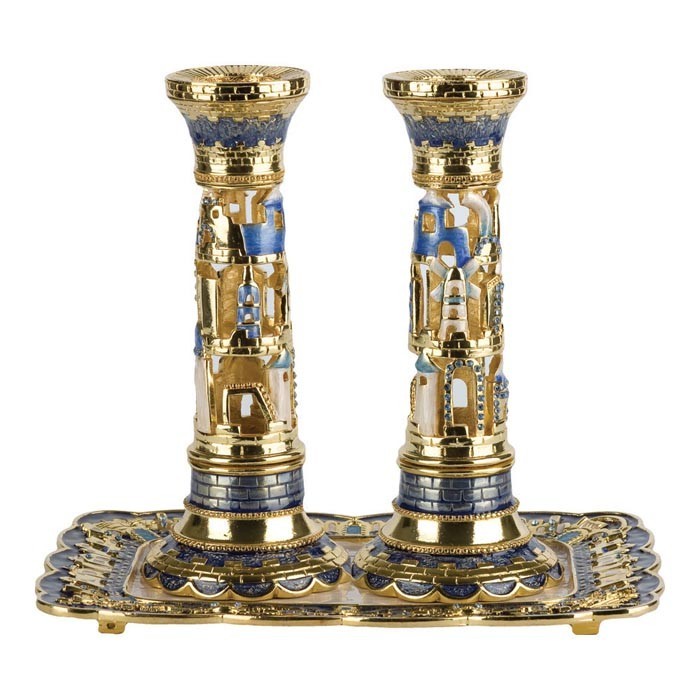 Blue Enamel and Gold-plated Jerusalem Column Shabbat Candlesticks with Tray