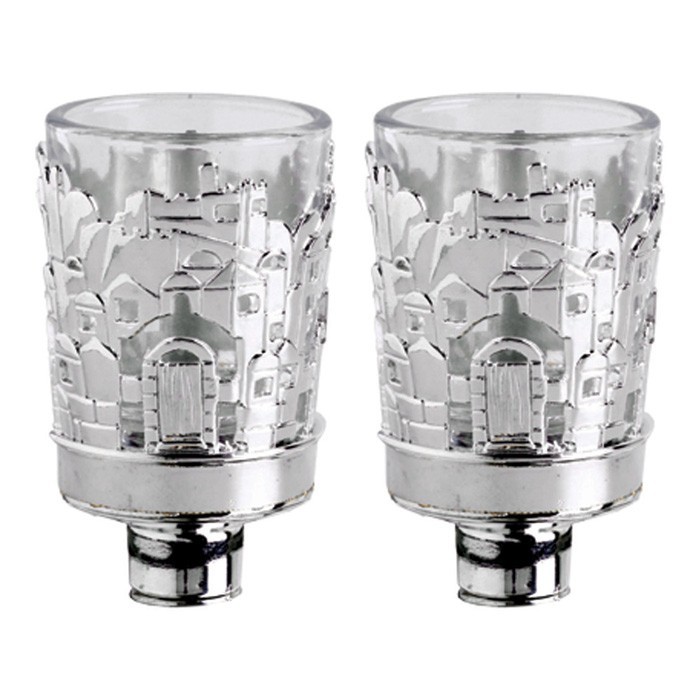 Pair of Glass Oil Lamps for Olive Oil with Silver Plated Jerusalem Design