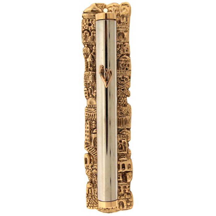 Metal Mezuzah Case with Gold Colored Shin and Jerusalem Depiction