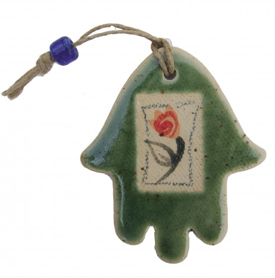 Miniature Green Ceramic Hamsa with Pink Flower and Leaves