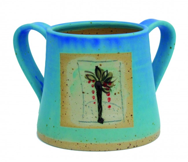 Turquoise Ceramic Washing Cup with Palm Tree Design and Beige Accents