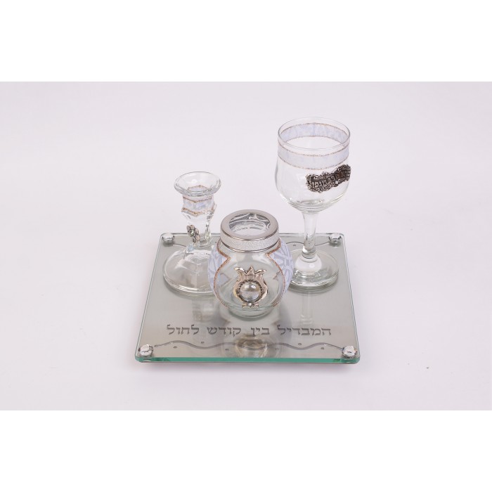 Glass Havdalah Set with Four Pieces, Hebrew Text and Metal Ornaments