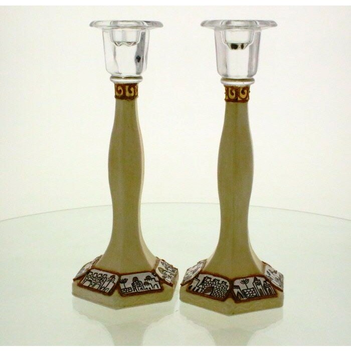 Erez Glass Shabbat Candlesticks with Jerusalem Plaques and Scrolling Lines