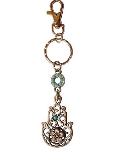 Hamsa-Shaped Keychain with Silver Flower and Turquoise Gems