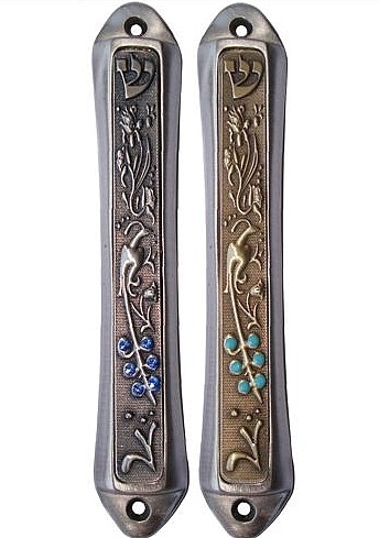 Mezuzah Cover with Floral Pattern, Gazelle and Blue Beadwork