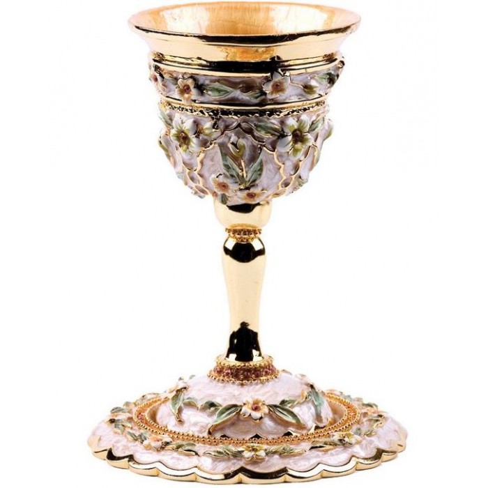 Gold Plated Kiddush Cup with White Enamel, Floral Pattern and Crystals