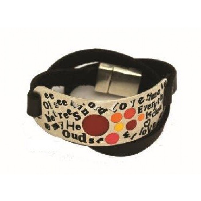 Leather Bracelet with Partial White Cuff, John Lennon ‘Love’ Lyrics and Red Dots