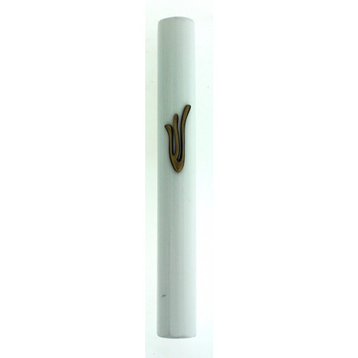 White Wood Mezuzah with Large Bronze Pewter Hebrew Letter Shin