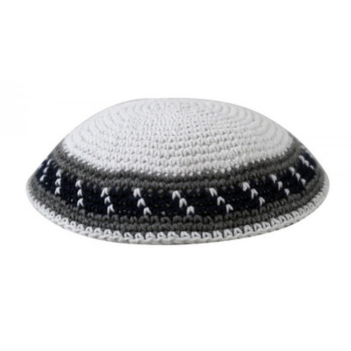 White Knitted Kippah with Grey Stripes and Blue Geometric Shapes