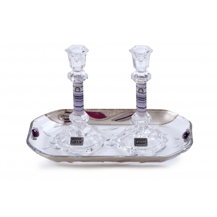 Large Crystal Shabbat Candlesticks with Purple Stripes, Flower, and Tray