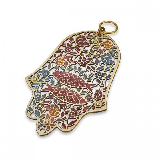 Brass Traditional Hamsa with Purple Fish and Dark Blue Leaves