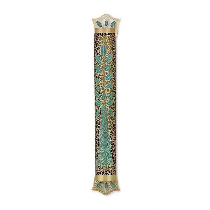 Brass Mezuzah with Large Flower, Tree of Life and Mosaic Pattern