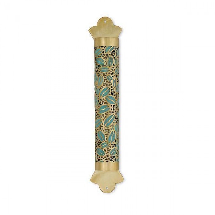 Brass Mezuzah with Patina Leaves and Scrolling Lines