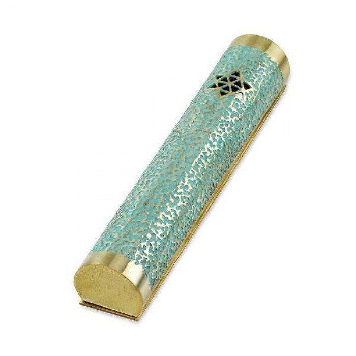 Half Rounded Brass Mezuzah with Patina Texturing and Grid Star of David