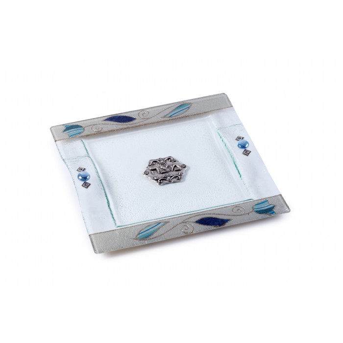 Glass Matzah Plate with Blue Striped Flowers and Beads