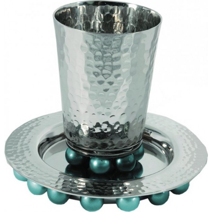 Yair Emanuel Nickel Kiddush Cup with Saucer, Hammered Pattern & Turquoise Orbs