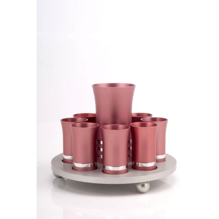 Pink and Silver Aluminum Kiddush Cup Set with Stripes and Large Round Tray