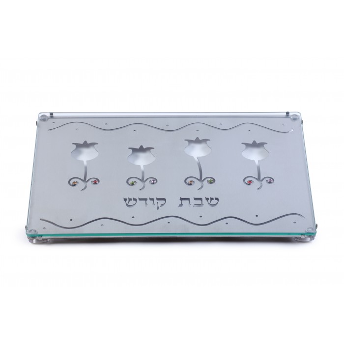 Stainless Steel and Glass Challah Board with Flowers, Beads and Hebrew Text