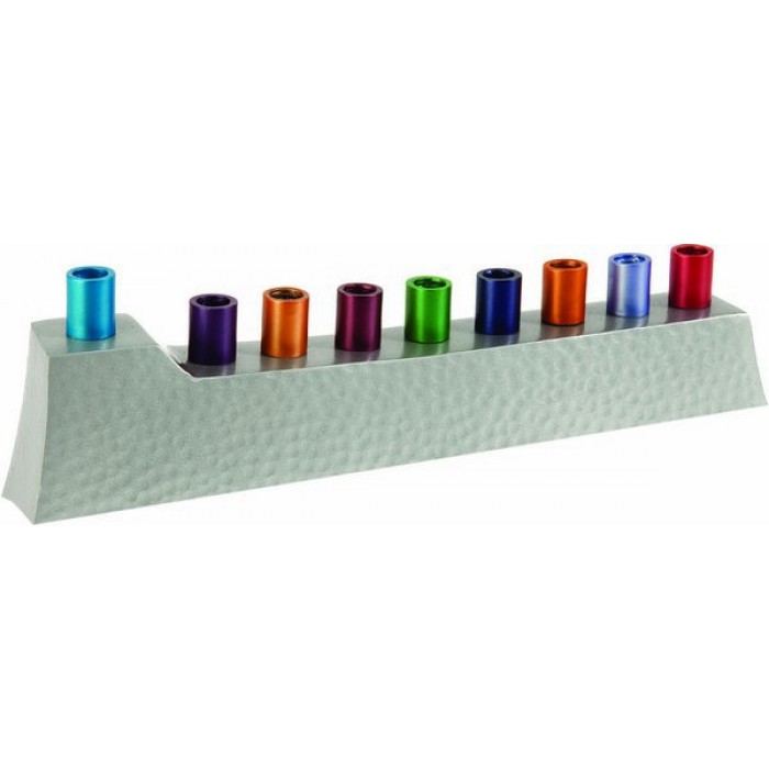Yair Emanuel Aluminum Menorah with Hammered Pattern and Bright Candleholders