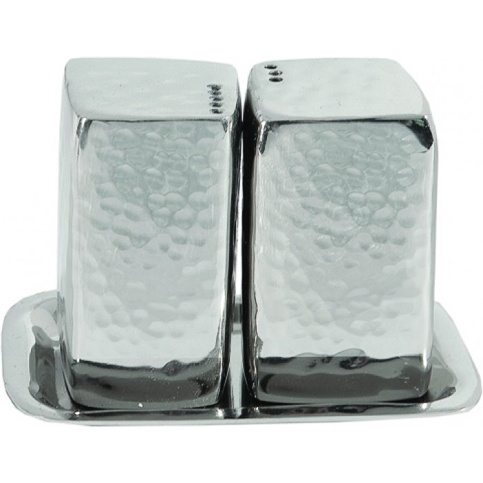 Yair Emanuel Nickel Salt and Pepper Shaker Set with Hammered Pattern and Tray