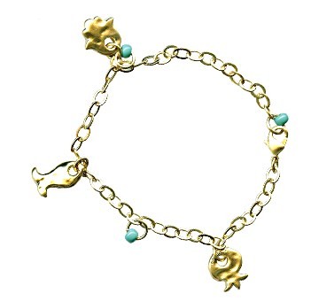 Judaic Charm Bracelet in Gold with Turquoise Beads