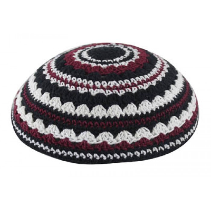 Black Knitted Kippah with White and Bordeaux Stripes