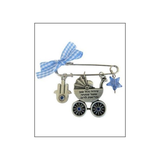 Baby Pin with Decorative Carriage and Hamsa Charms and Blue Ribbon