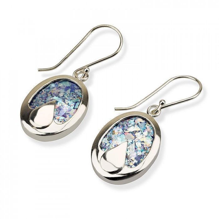 Silver Oval Earrings with Tear Drop and Roman Glass